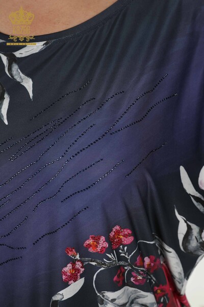 Женская блузка оптом - цифровая печать - темно-синий - 12040 | KAZEE - Thumbnail