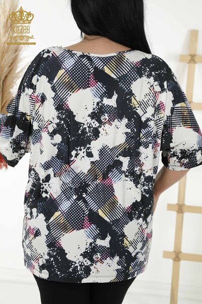 Женская блузка оптом - цифровая печать - темно-синий - 12048 | KAZEE - Thumbnail