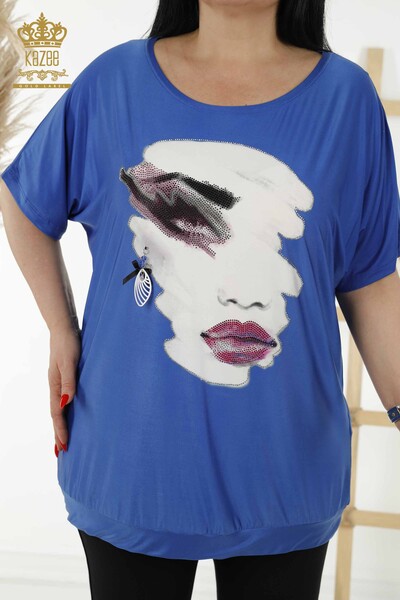 Женская блузка оптом - цифровая печать - темно-синий - 77755 | KAZEE - Thumbnail