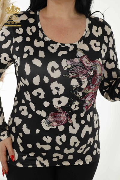 женская блузка оптом - цифровая печать - черный бежевый - 77770 | КАZEE - Thumbnail