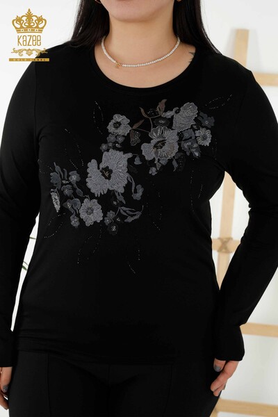 женская блузка оптом - цветочный узор - черный - 79045 | КАZEE - Thumbnail