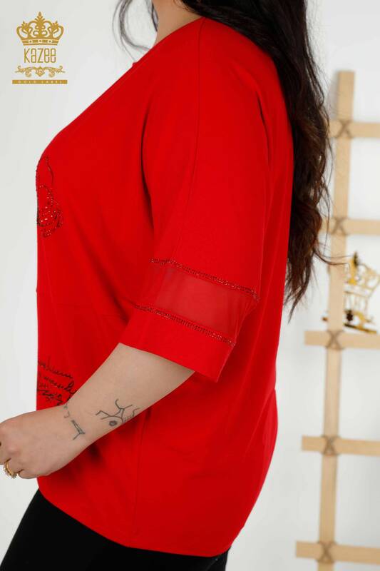 Женская блузка оптом с цветочным узором красного цвета - 79059 | КАZЕЕ