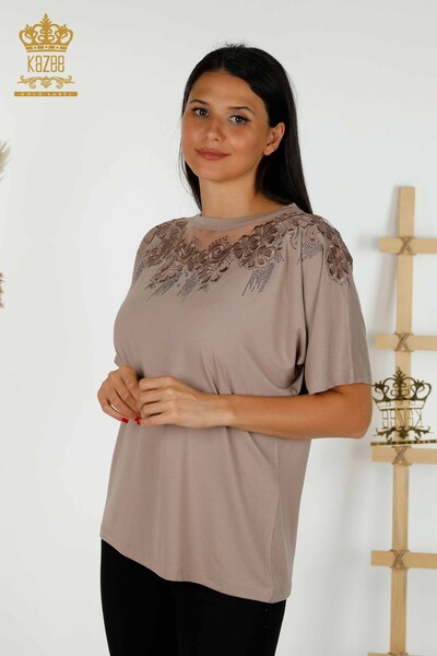 женская блузка оптом - цветочный узор - норка - 79081 | КАZEE