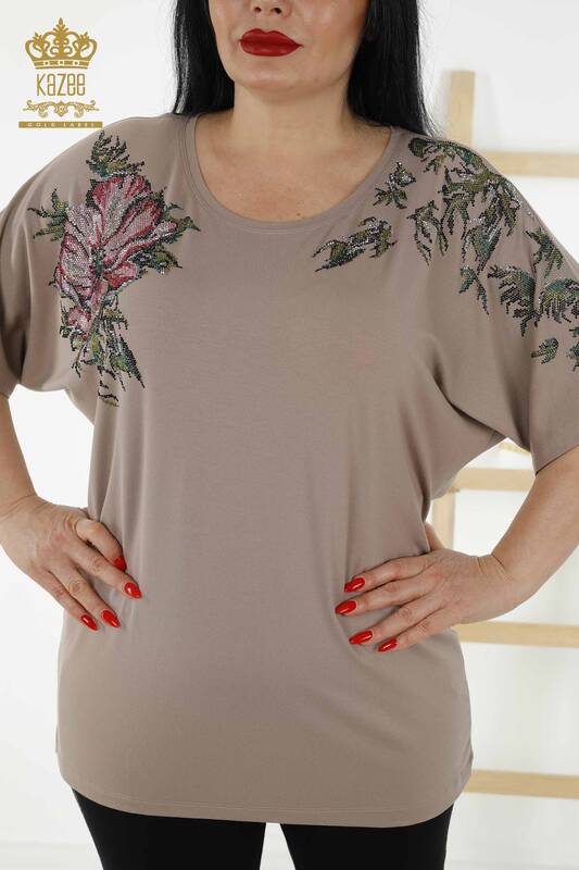 Женская блузка оптом - Цветочный узор - Норка - 79089 | КАZEE