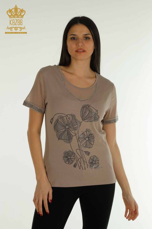 женская блузка оптом - цветочный узор - норка - 79290 | КАZEE