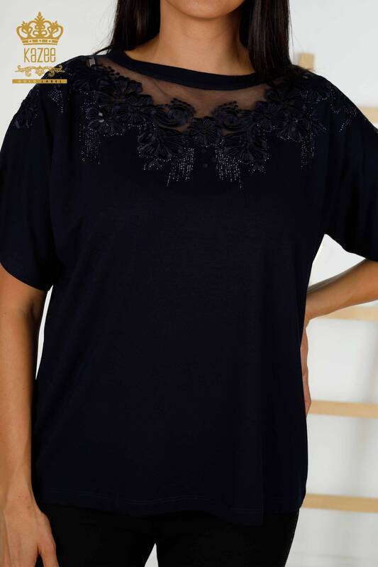 женская блузка оптом - цветочный узор - темно-синий - 79081 | КАZEE