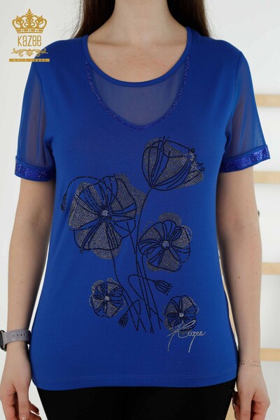 женская блузка оптом - цветочный узор - темно-синий - 79290 | КАZEE - Thumbnail