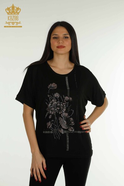 Женская блузка оптом с цветочным узором черного цвета - 79306 | КАZЕЕ - Thumbnail