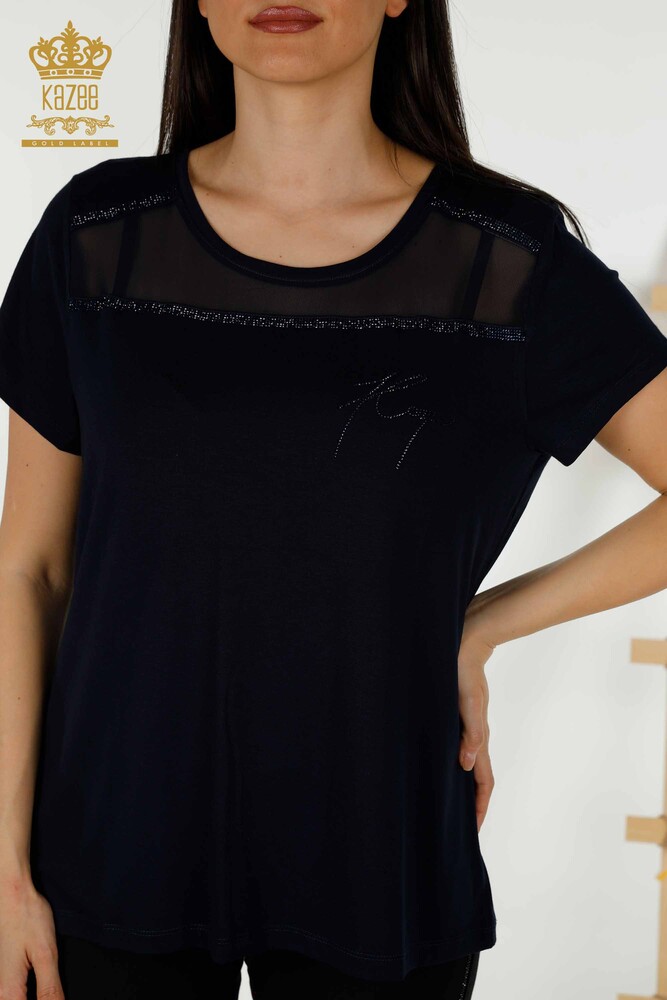 женская блузка оптом - детали из тюля - темно-синий - 78996 | КАZEE - 2