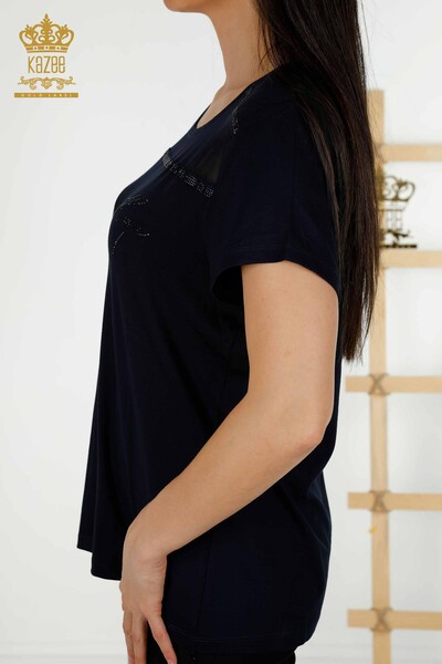 женская блузка оптом - детали из тюля - темно-синий - 78996 | КАZEE - Thumbnail