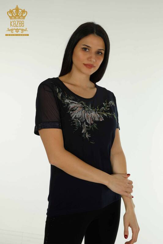 Женская блузка оптом - Деталь из тюля - Темно-синий - 79106 | КАZEE