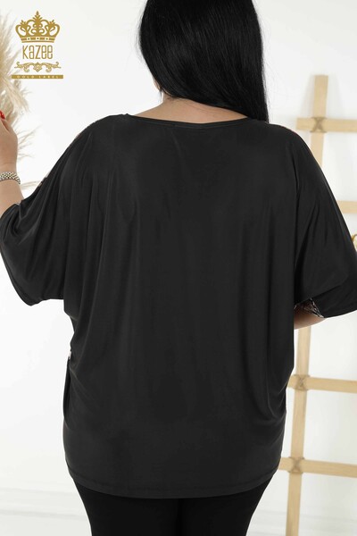 Женская блузка оптом - Вышитая камнем - Черная - 12060 | КАZEE - Thumbnail