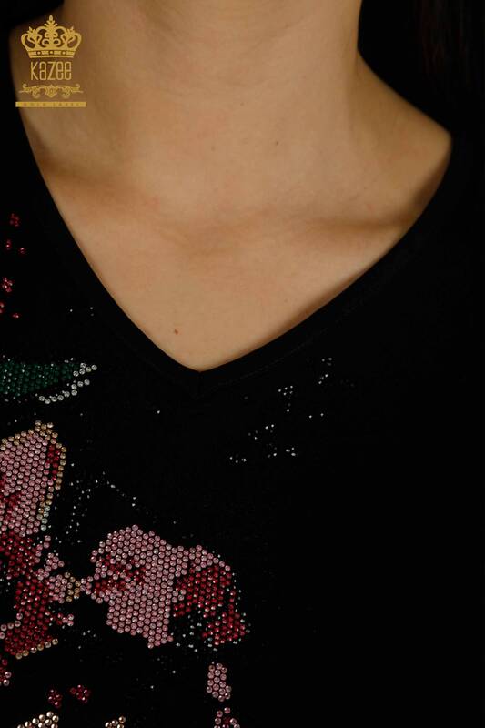 женская блузка оптом - вышитая камнем - черная - 79107 | КАZEE