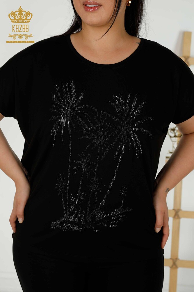 женская блузка оптом - вышитая камнем - черная - 79336 | КАZEE - 2