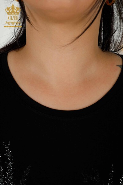 женская блузка оптом - вышитая камнем - черная - 79336 | КАZEE - Thumbnail
