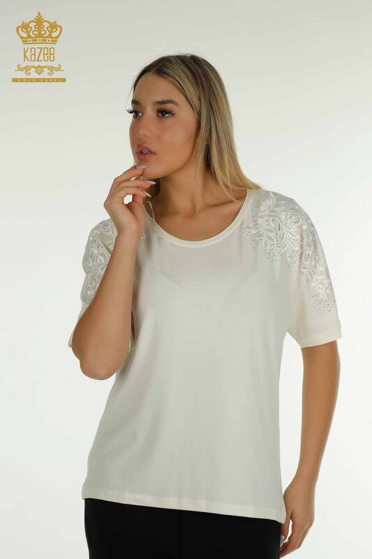 Женская блузка оптом - Вышитая камнем - Экрю - 79097 | КАZEE
