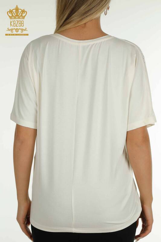 Женская блузка оптом - Вышитая камнем - Экрю - 79097 | КАZEE