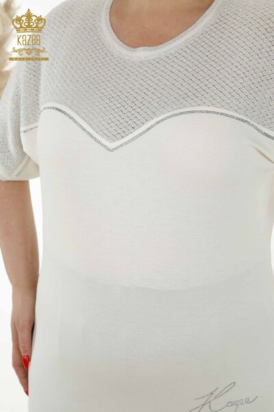 Женская блузка оптом - Вышитая камнем - Экрю - 79235 | КAZEE - Thumbnail