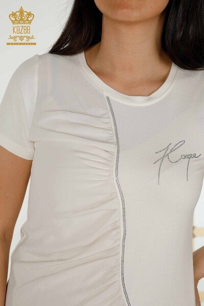 Женская блузка оптом - Вышитая камнем - Экрю - 79315 | КАZEE - Thumbnail