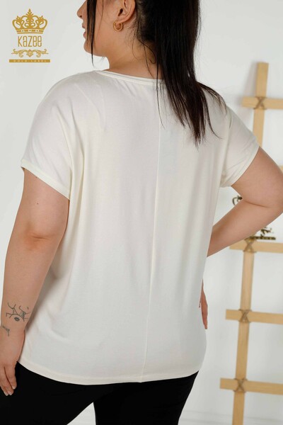 Женская блузка оптом - Вышитая камнем - Экрю - 79336 | КАZEE - Thumbnail