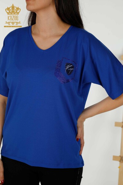 Женская блузка оптом - Вышитая камнем - Электрическая - 77487 | КAZEE - Thumbnail