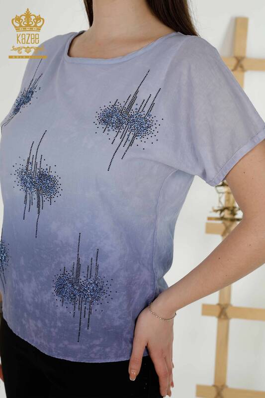 Женская блузка оптом Вышитая камнем Индиго - 79174 | КАZEE