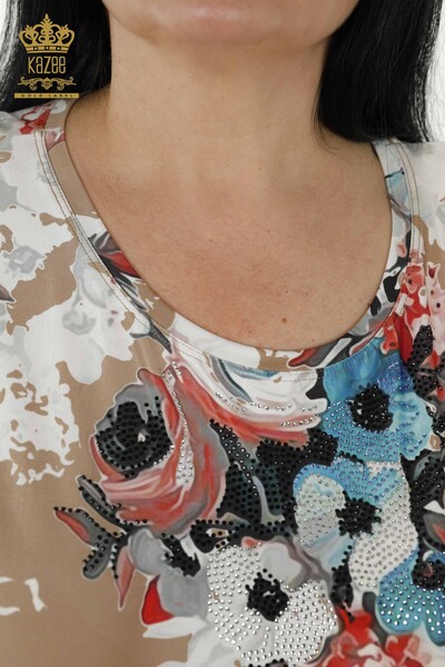 Женская блузка оптом - Вышитая камнем - Коричневая - 12018 | КАZEE - Thumbnail