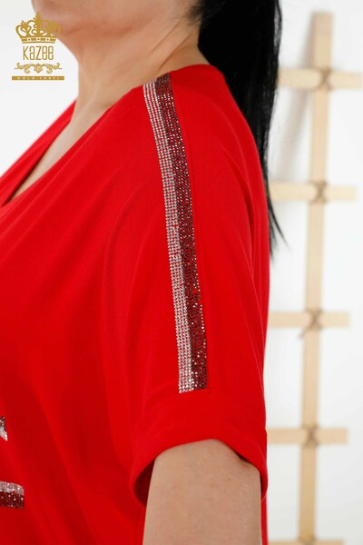 Женская блузка оптом - Вышитая камнем - Красная - 78882 | КAZEE - Thumbnail