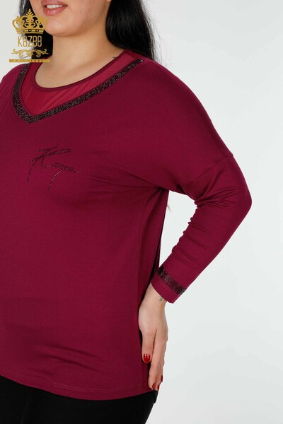 женская блузка оптом с вышивкой камнем сиреневая - 77870 | КАZEE - Thumbnail