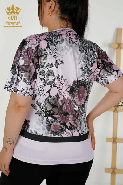 Женская блузка оптом - Вышитая камнем - Розовая - 12026 | КАZEE - Thumbnail