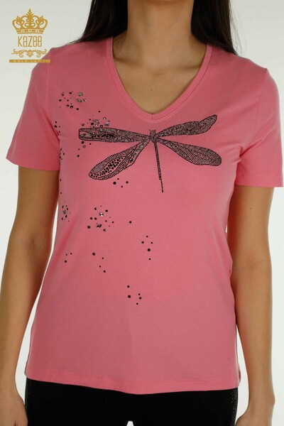 Женская блузка оптом - Вышитая камнем - Розовая - 79362 | КАZEE - Thumbnail