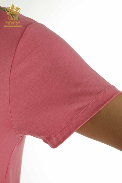 Женская блузка оптом - Вышитая камнем - Розовая - 79365 | КАZEE - Thumbnail