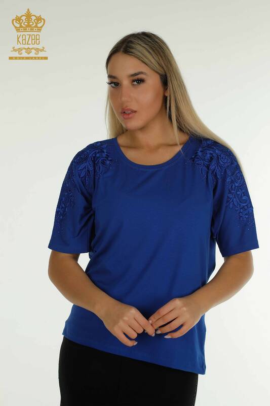 Женская блузка оптом - Вышитая камнем - Электрический цвет - 79097 | КАZEE