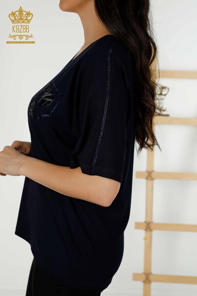 Женская блузка оптом - Вышитая камнем - Темно-синяя - 77487 | КАZEE - Thumbnail