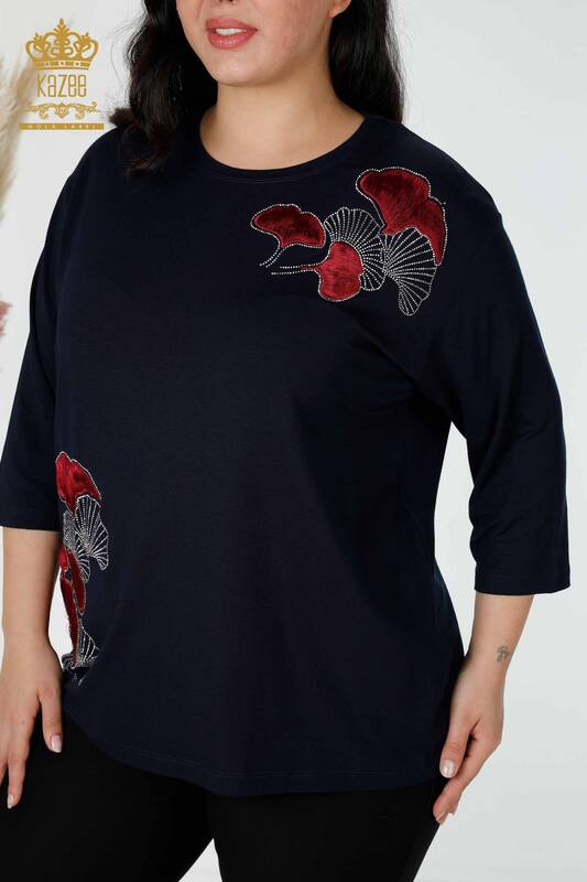 женская блузка оптом с вышивкой камнем темно-синяя - 78952 | КАZEE