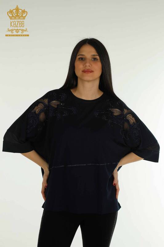 Женская блузка оптом - Вышитая камнем - Темно-синяя - 79057 | KAZEE