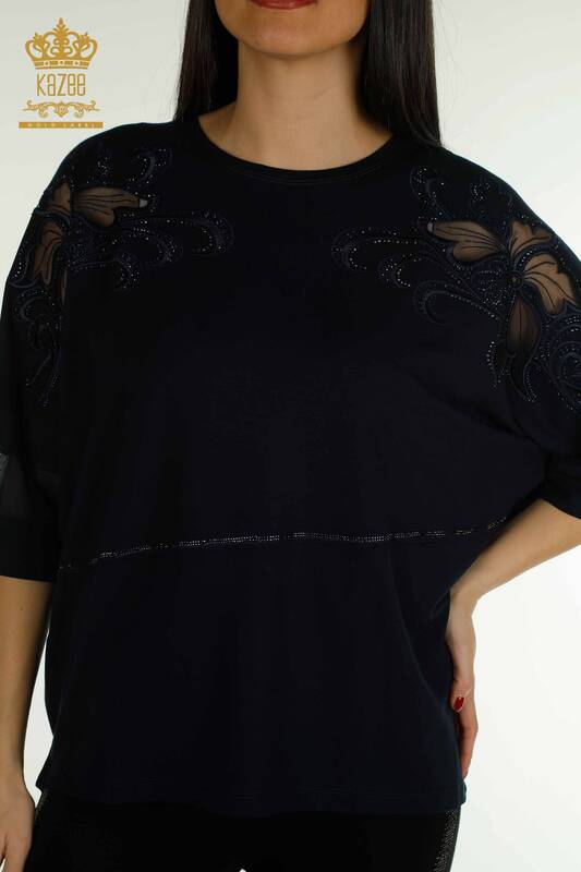 Женская блузка оптом - Вышитая камнем - Темно-синяя - 79057 | KAZEE