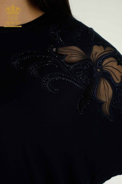Женская блузка оптом - Вышитая камнем - Темно-синяя - 79057 | KAZEE - Thumbnail