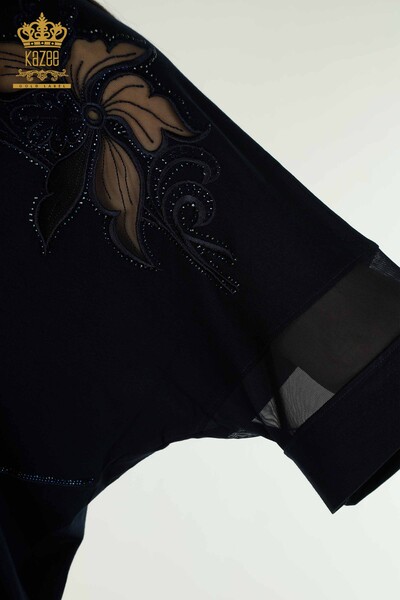 Женская блузка оптом - Вышитая камнем - Темно-синяя - 79057 | KAZEE - Thumbnail