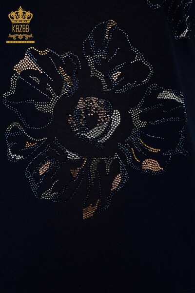 Женская блузка оптом - Вышитая камнем - Темно-синяя - 79084 | КАZEE - Thumbnail