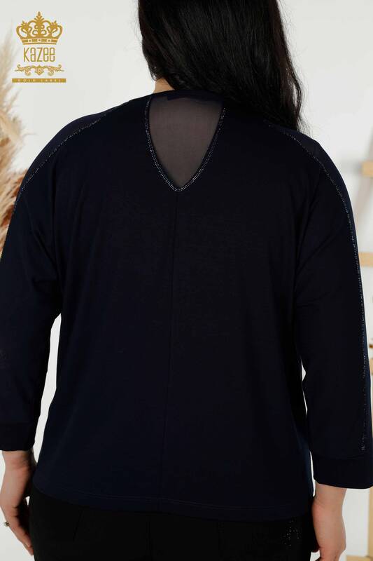 Женская блузка оптом - Вышитая камнем - Темно-синяя - 79084 | КАZEE
