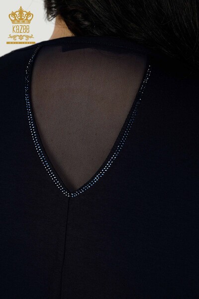 Женская блузка оптом - Вышитая камнем - Темно-синяя - 79084 | КАZEE - Thumbnail