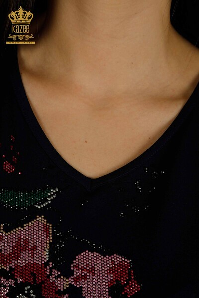 Женская блузка оптом - Вышитая камнем - Темно-синяя - 79107 | КАZEE - Thumbnail