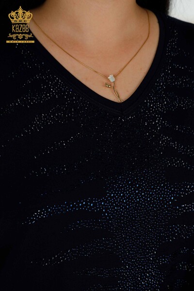 Женская блузка оптом - Вышитая камнем - Темно-синяя - 79321 | КАZEE - Thumbnail