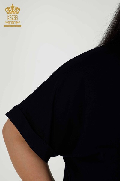 Женская блузка оптом - Вышитая камнем - Темно-синяя - 79321 | КАZEE - Thumbnail