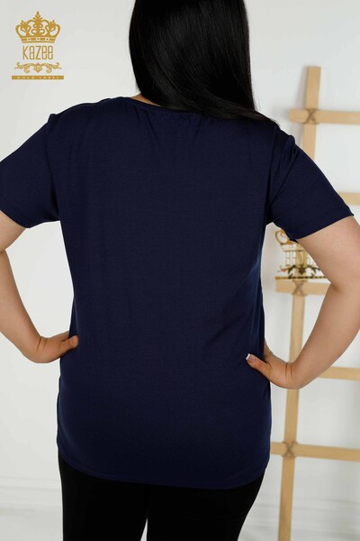 Женская блузка оптом - Вышитая камнем - Темно-синяя - 79329 | KAZEE - Thumbnail