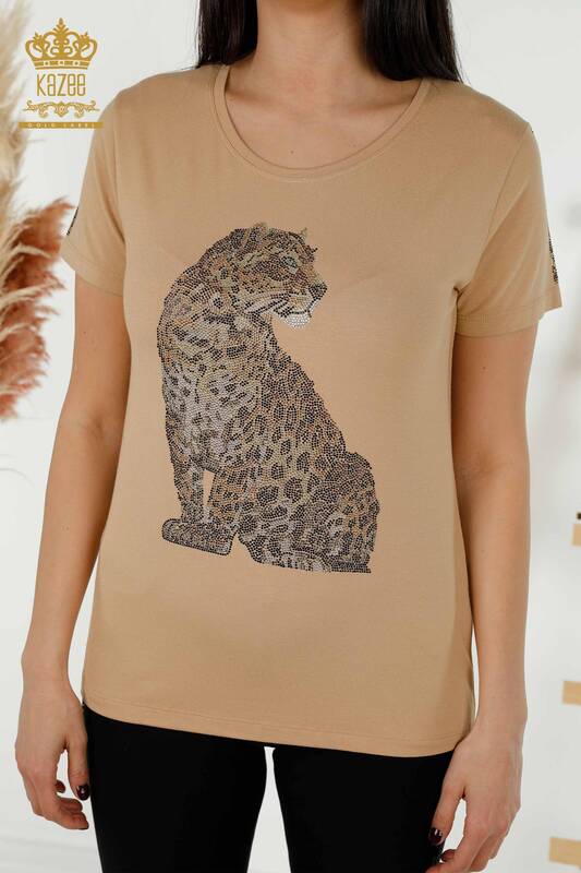 Женская блузка с леопардовым принтом оптом бежевая - 78942 | КАЗЕЕ