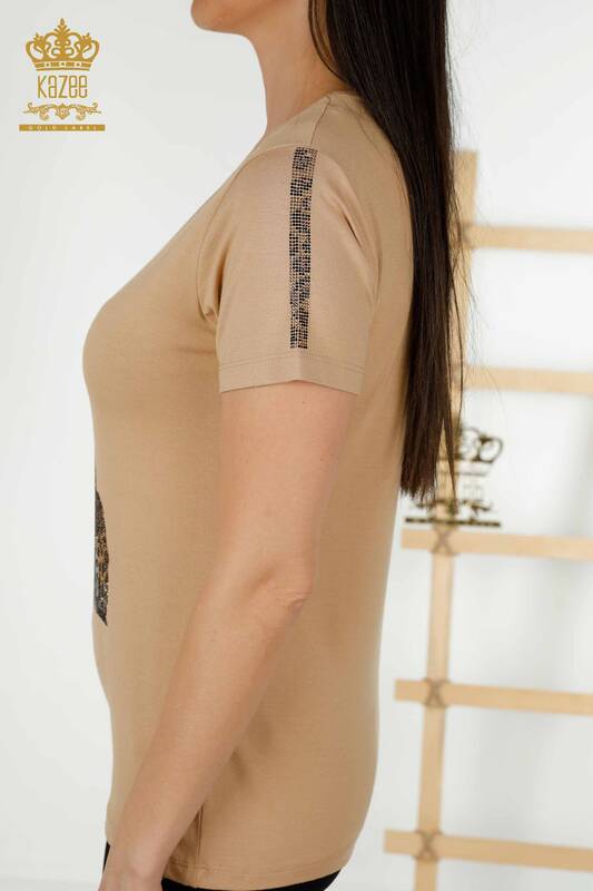 Женская блузка с леопардовым принтом оптом бежевая - 78942 | КАЗЕЕ