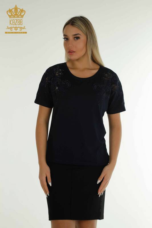женская блузка оптом - цветочный узор - темно-синий - 79093 | КАZЕЕ