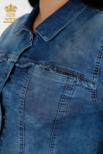 женская джинсовая куртка оптом вышитая хрустальным камнем - синяя - 20373 | КАZEE - Thumbnail